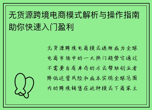 无货源跨境电商模式解析与操作指南助你快速入门盈利