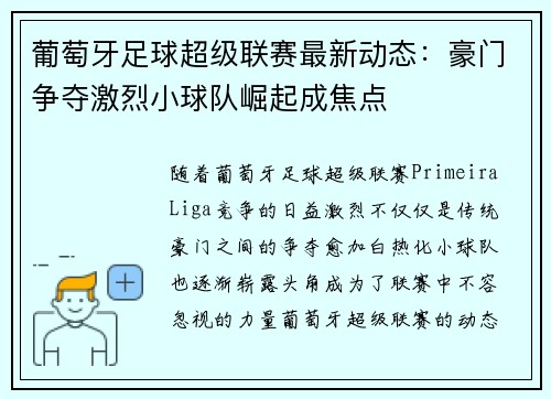 葡萄牙足球超级联赛最新动态：豪门争夺激烈小球队崛起成焦点